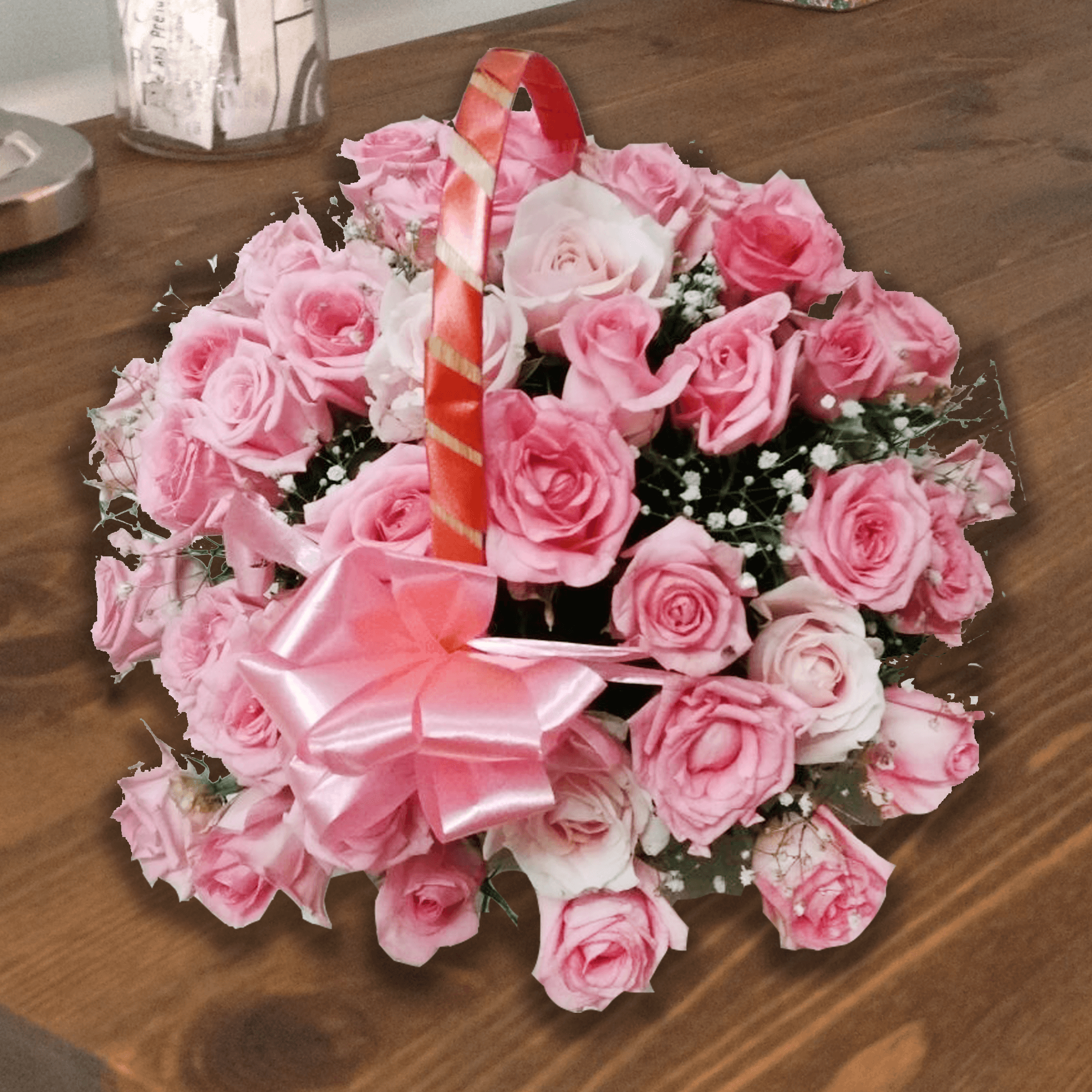Round Handle Basket of 35 Pink Roses 