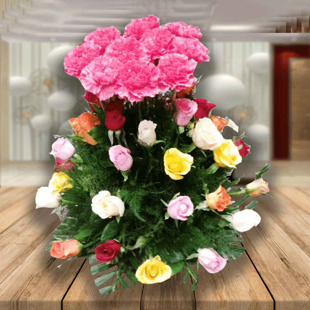Basket of 18 Pink Carnation  and 50 Mix Roses